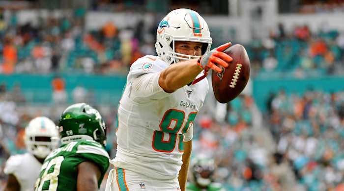 Nov 3, 2019; Miami Gardens, FL, USA; Miami Dolphins tight end Mike Gesicki (88) reacts after making a catch for a first down against the New York Jets during the first half at Hard Rock Stadium. Mandatory Credit: Jasen Vinlove-USA TODAY Sports